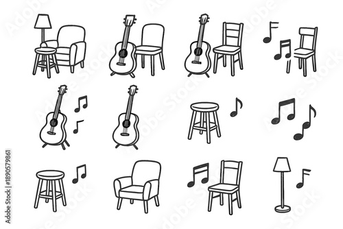Set line musical setting icon handdrawn vector stool soft notes acoustic guitar