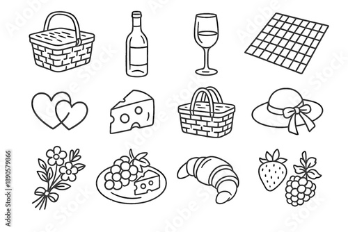 Sketch berries glass outline bottle vector wine picnic icon elements romantic
