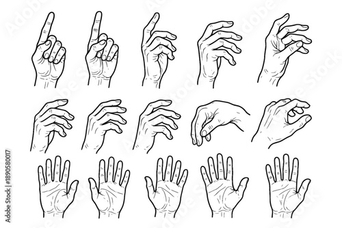 Grid expressive palm sketch icons relaxed hand lines upward vector pointing icon