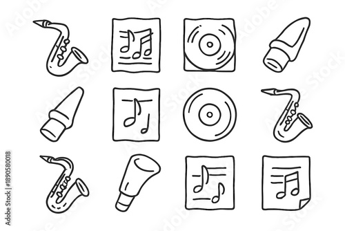 Saxophone icon grid record vibe music vector sheet notes disc mouthpiece jazz