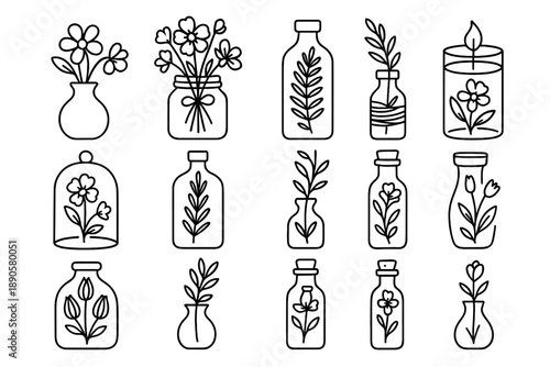 Vase icon floral bud pod vector dome bottle twine set plant seed