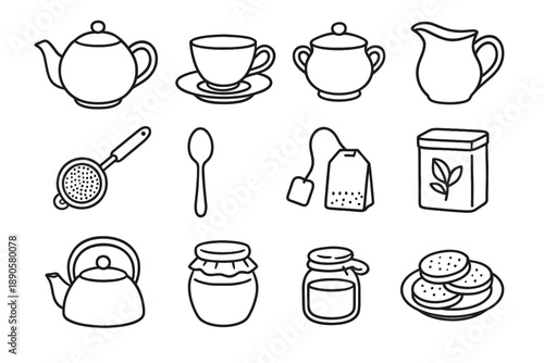 Kettle leaf icon tin honey icons bag set teaspoon bowl vector tea