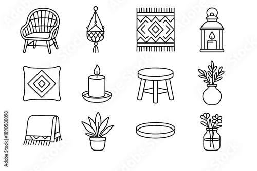 Icon chair vector pillow tray pot jar decor boho woven macrame garden