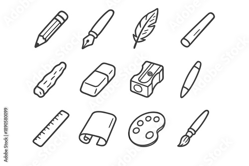 Quill vector sharpener traditional tools brush blending pen ruler graphite eraser drawing