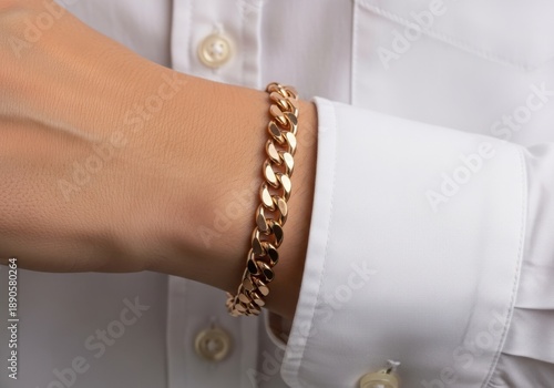 A gold bracelet on a persons wrist with a white shirt