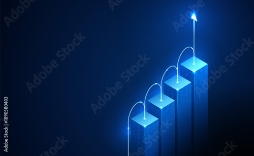 Abstract blue 3D business, financial growth concept. Rising stair step graph and arrow up. Digital isometric illustration of strategy, success. Market development progress on a futuristic background.