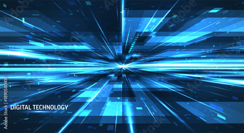 Futuristic blue light quantum bg. Abstract technology motion, neon digital lines, speed flow, perspective depth. Big data energy, laser particles explosion, cyber network modern tech 3d design.