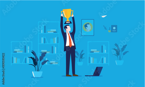 Employee of the month - Business man holding a trophy over his head in the office. Winner, success, best worker, man of the year concept. Vector illustration