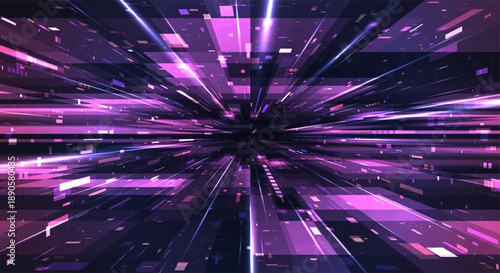 Futuristic pink light quantum tunnel. Abstract technology motion, neon digital lines, speed flow, perspective depth. Big data energy, laser particles explosion, cyber network modern tech 3d design.