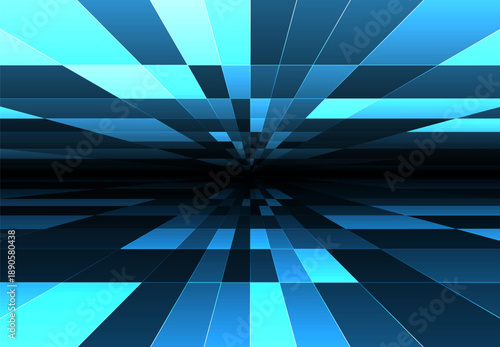 Abstract 3D grid room. Neon tiled floor, geometric wireframe lines in perspective, digital blue space landscape, futuristic retro tech background. Virtual architecture, data horizon and cyber design.