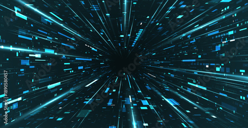 Futuristic blue light cyberspace. Abstract technology motion, neon digital lines, speed flow, perspective depth. Big data energy, laser particles explosion, cyber network modern tech 3d design.