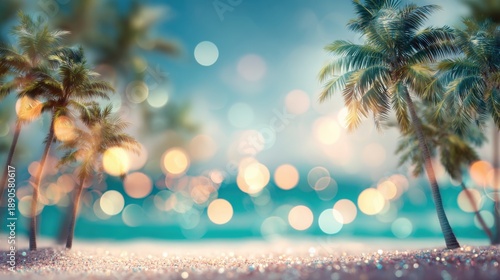 A serene tropical setting showcases silhouette palm trees against a softly lit background. The distant ocean sparkles as the day transitions to evening creating a tranquil atmosphere.