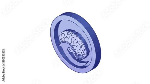 Abstract Mental Wellness Icon Isometric 3D Brain within a Badge. transparent.