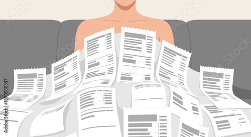 Anonymous person on sofa covered with receipts like a blanket, flat vector illustration of high heating bills and winter household budget stress, clean copy space