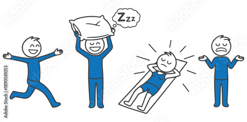 A cartoon illustration of a man experiencing different emotions and actions related to sleep and rest.