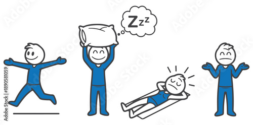 A cartoon man experiences different emotions and actions in a series of illustrations.