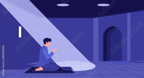 Man Praying on Rug in a Room with Spot Light - Vector Illustration