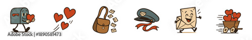 Mail and love themed cartoon illustrations depict various elements of postal service and heartfelt messages, perfect for communication and romantic concepts.