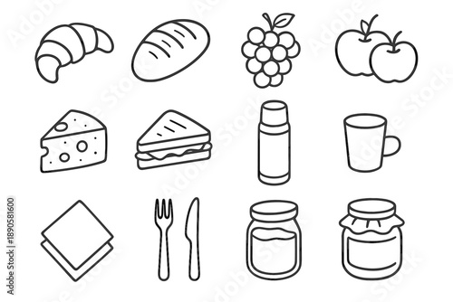 Knife croissant cheese apples vector loaf set jar icon block fork picnic