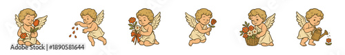 Cute cartoon cherubs engaged in various floral activities, symbolizing love, spring, and nurturing with bouquets, seeds, and watering cans.