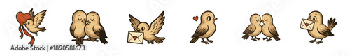Cute cartoon birds collection showing love and affection through various romantic gestures and poses, ideal for heartfelt designs.