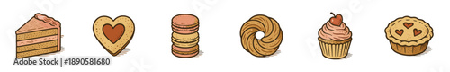 Delicious baked goods collection featuring various sweet treats like cake, heart cookies, macarons, donut, cupcake, and pie in a charming hand-drawn style.