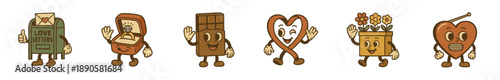 Classic cartoon love and romance themed characters, including a cheerful mailbox, sparkling ring, sweet chocolate, and a broken heart.