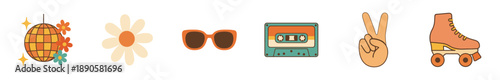 Retro vintage collection of groovy 70s and 80s themed items including a disco ball, daisy, sunglasses, cassette, peace sign, and roller skate.