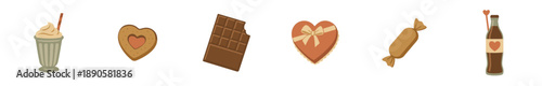 Sweet treats and delicious desserts, including a milkshake, cookie, chocolate bar, candy, and a heart-shaped gift box, are arranged in a delightful collection.