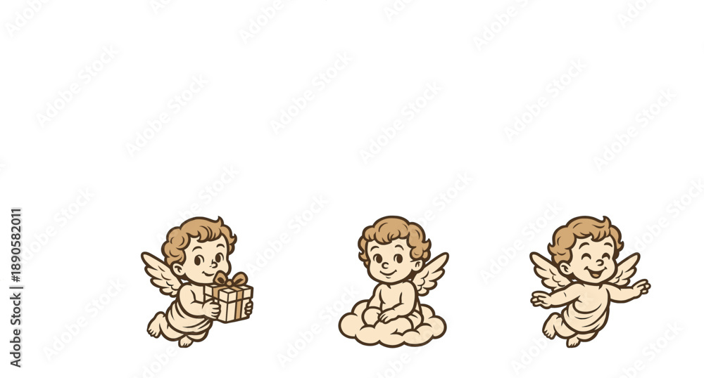 Fototapeta premium Three adorable cartoon cherubs are depicted in various charming poses, one holding a gift, another sitting on a cloud, and the third flying happily.