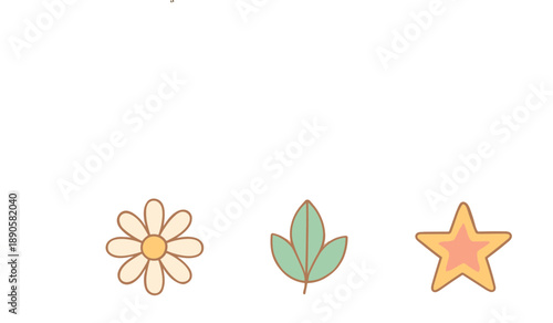 Cute flower, leaf, and star illustrations in a charming pastel palette create a delightful and simple graphic design element for various creative projects.