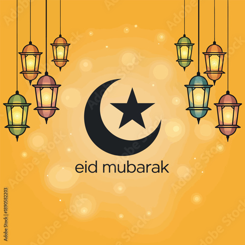 Eid Mubarak greeting background with crescent moon, star and colorful hanging lanterns