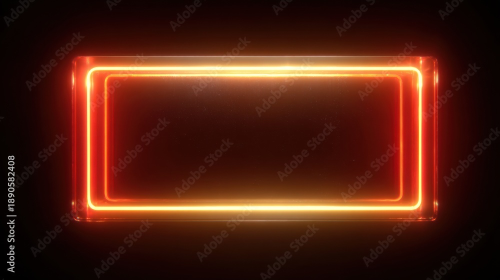Fototapeta premium A rectangular neon light frame emits a vibrant orange glow in a dark environment creating a striking visual effect ideal for artistic showcases or design projects.