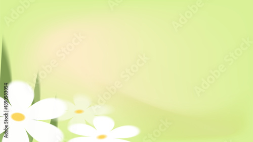 White daisy flowers in soft focus on a light green background with abstract grass shapes. Horizontal spring composition for posters, greeting cards, backgrounds and seasonal print design.