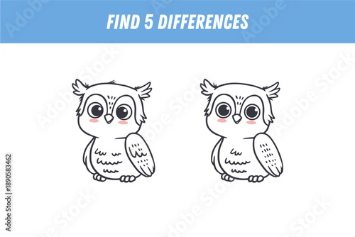 Find 5 differences between two pictures of cute owl. Cartoon bird. Educational logical game for children. Vector illustration