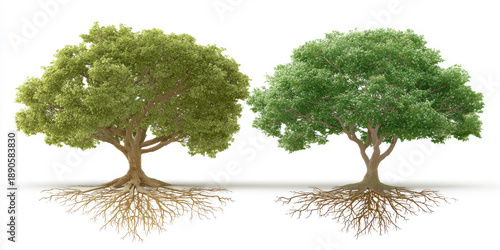 Two Green Trees with Exposed Roots, Growth and Life Concept, 3D Vector Illustration on White Background