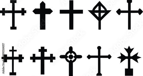 Christian Cross Icons Set: Diverse Collection of Religious Symbols, Crucifix Silhouettes, and Heraldic Cross Designs for Spiritual and Graphic Design Projects