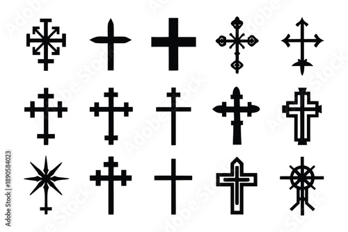 Set of Christian Cross Icons and Religious Symbols Silhouette Collection in Minimalist Style