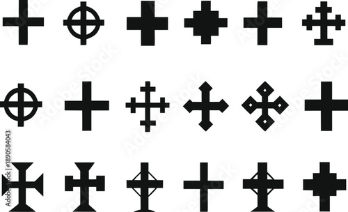 Set of diverse cross icons and Christian symbols, religious crucifix, medical plus sign, and geometric heraldry silhouettes.