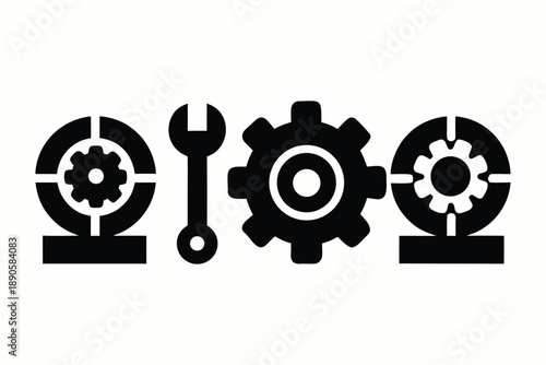 Industrial Maintenance and Engineering Icon Set – Black Silhouette Gear, Wrench, and Technical Support Symbols for Service and Repair
