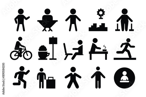 Minimalist People Activity Icon Set: Daily Life, Business, Travel, and Fitness Pictograms