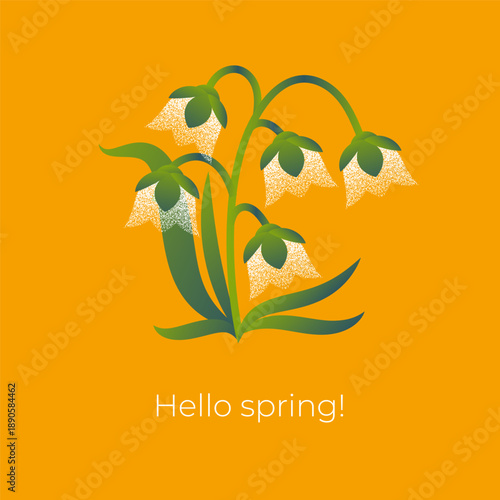 Minimalistic spring greeting illustration with white bell flowers and green leaves on orange background. Stylized floral design with “Hello spring!” text for seasonal cards and social media.