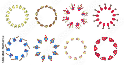 Set of cute round frames with Turkish sweets and attractions isolated on white background.