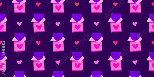 Cute seamless pattern with flat violet chocolate in wrapper on dark violet background. Valentines day celebration.