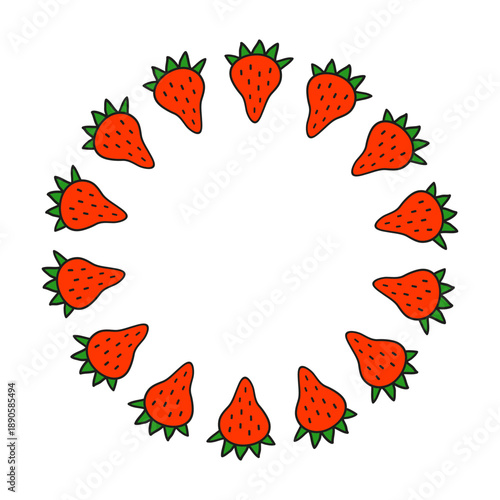 Cute round wreath with doodle strawberries isolated on white background. Summer garden berries in circle.
