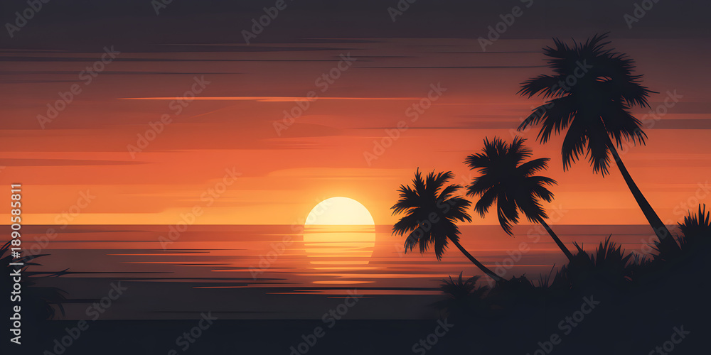 Obraz premium Tropical sunset with palm trees silhouetted against a vibrant orange sky.