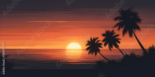 Tropical sunset with palm trees silhouetted against a vibrant orange sky.