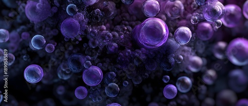A mesmerizing close-up of purple bubbles on a dark background, showcasing the beauty of microscopic structures and fluid dynamics in nature.