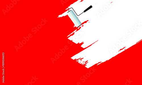 Illustration of a paint roller with a black handle creating a wide, splattered white paint stroke.