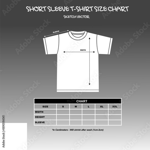 A vector sketch of a short-sleeve t-shirt size chart with measurement guides for width, height, and sleeve length, presented in a clear, technical format.